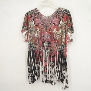Unity World Wear Paisley Flutter Sleeve Tunic - Pink, Black & White